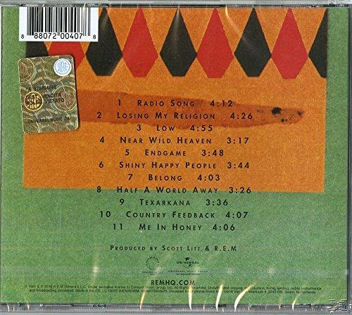 Rückseite des R.E.M.-Albums, orange mit Trackliste. Ein Aufkleber und eine Schlangenillustration sind vorhanden.