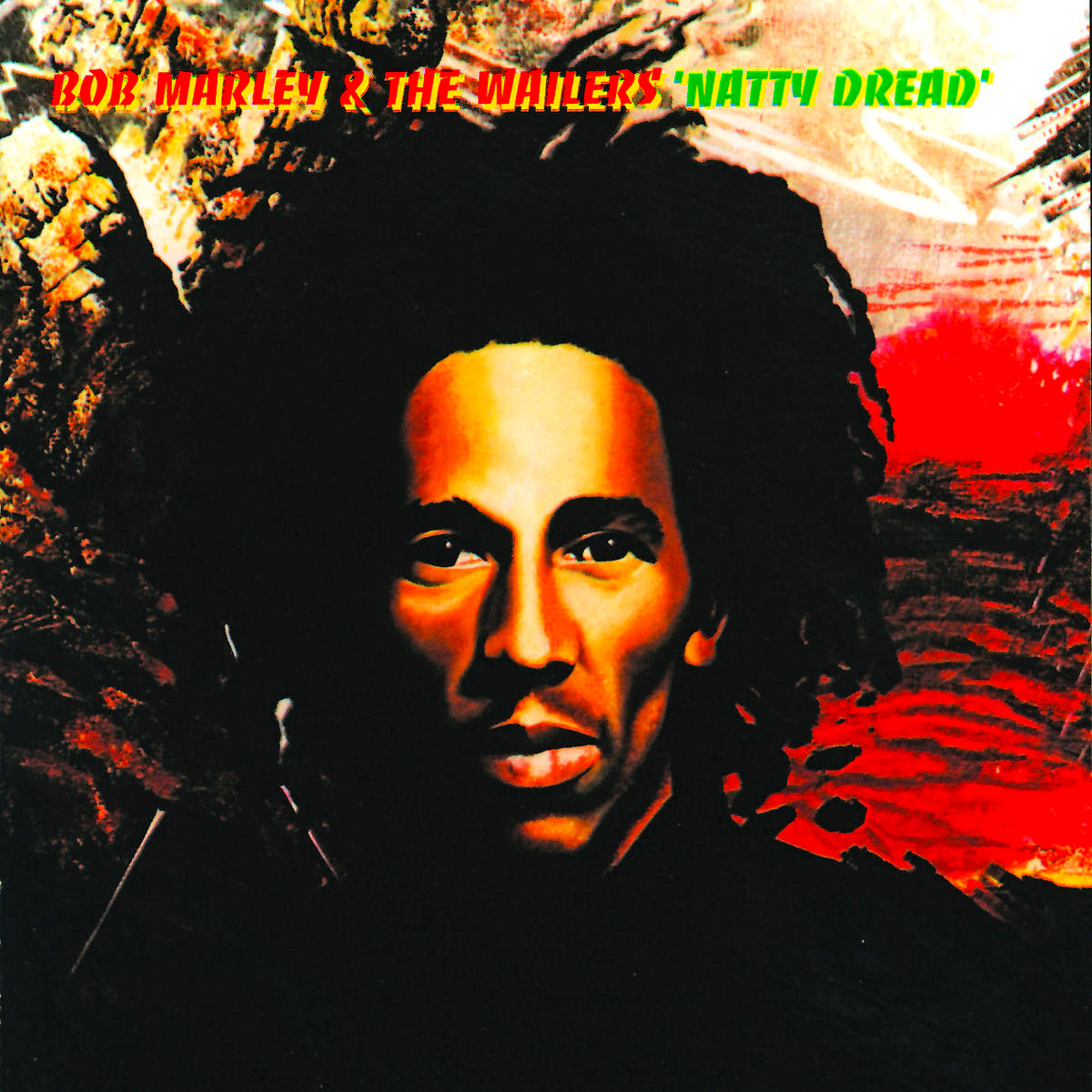 Albumcover: Bob Marley. Porträt von Bob Marley mit dunklem Haar. Bunter Hintergrund.