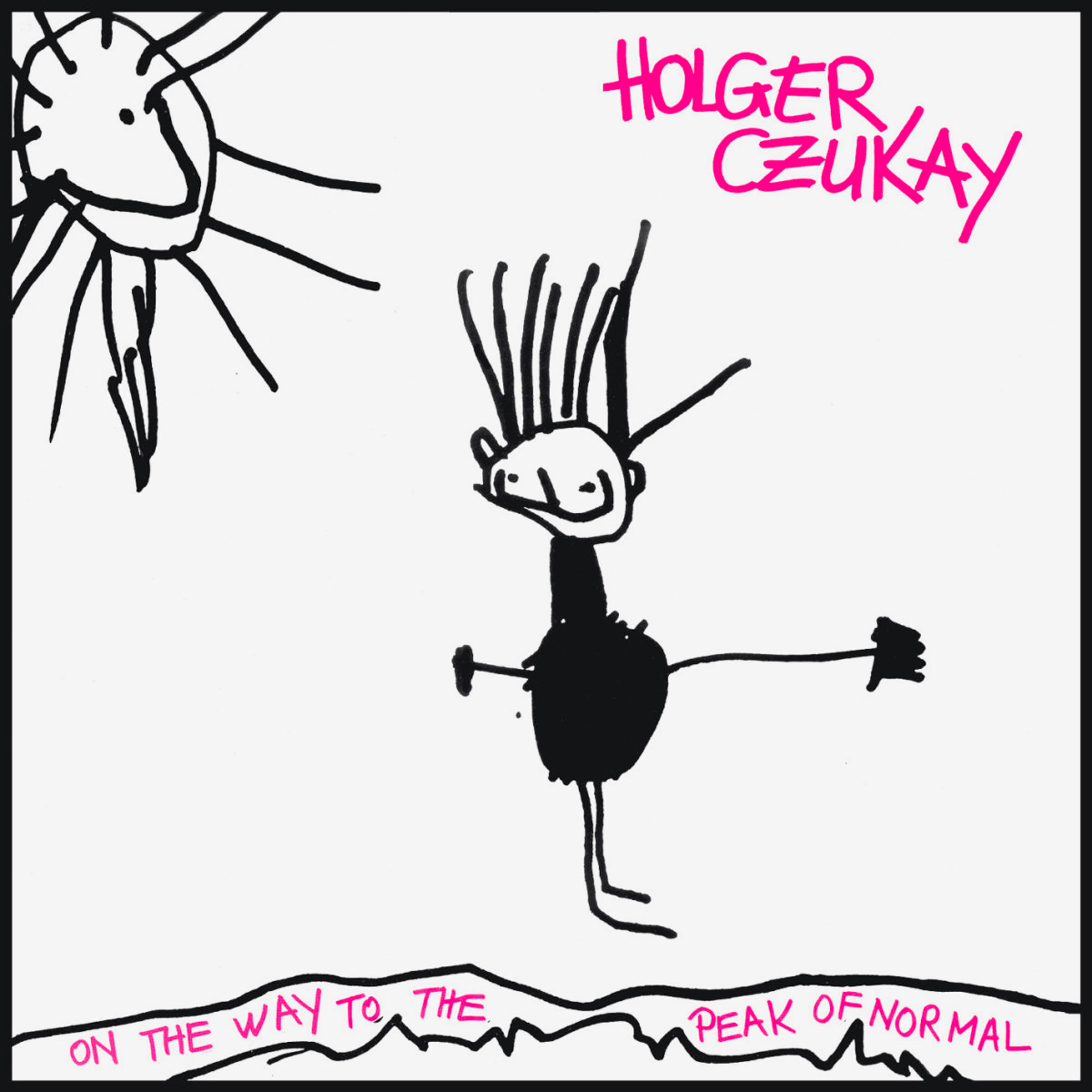 Skizze einer Figur mit Sonne und Text in Rosa und Schwarz.