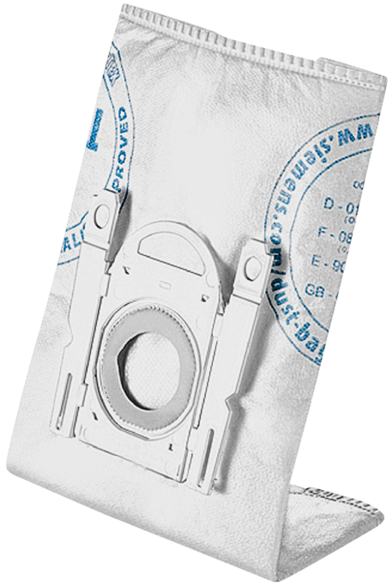 Ein weißer Staubsaugerbeutel mit einem Kunststoffaufsatz, der auf einer weißen Oberfläche liegt.