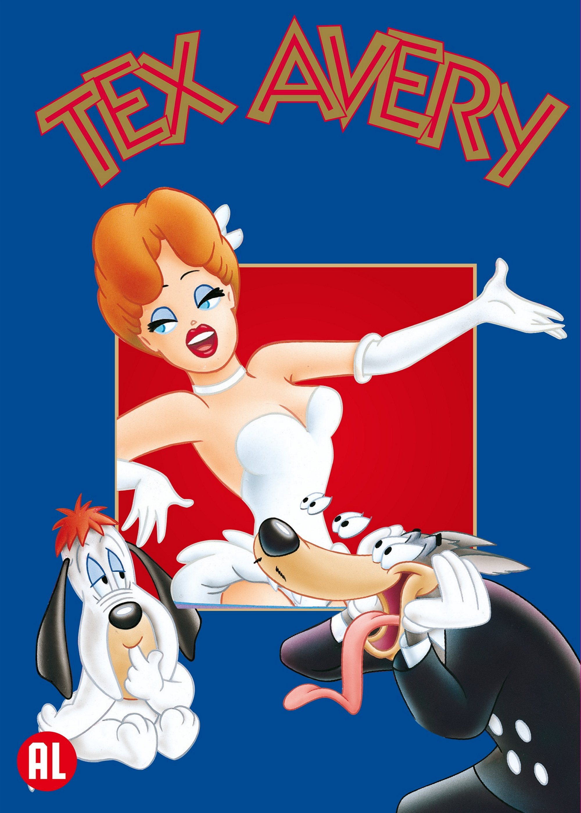 Cartoon met een vrouw in het wit en twee cartoon dieren op een blauwe achtergrond.