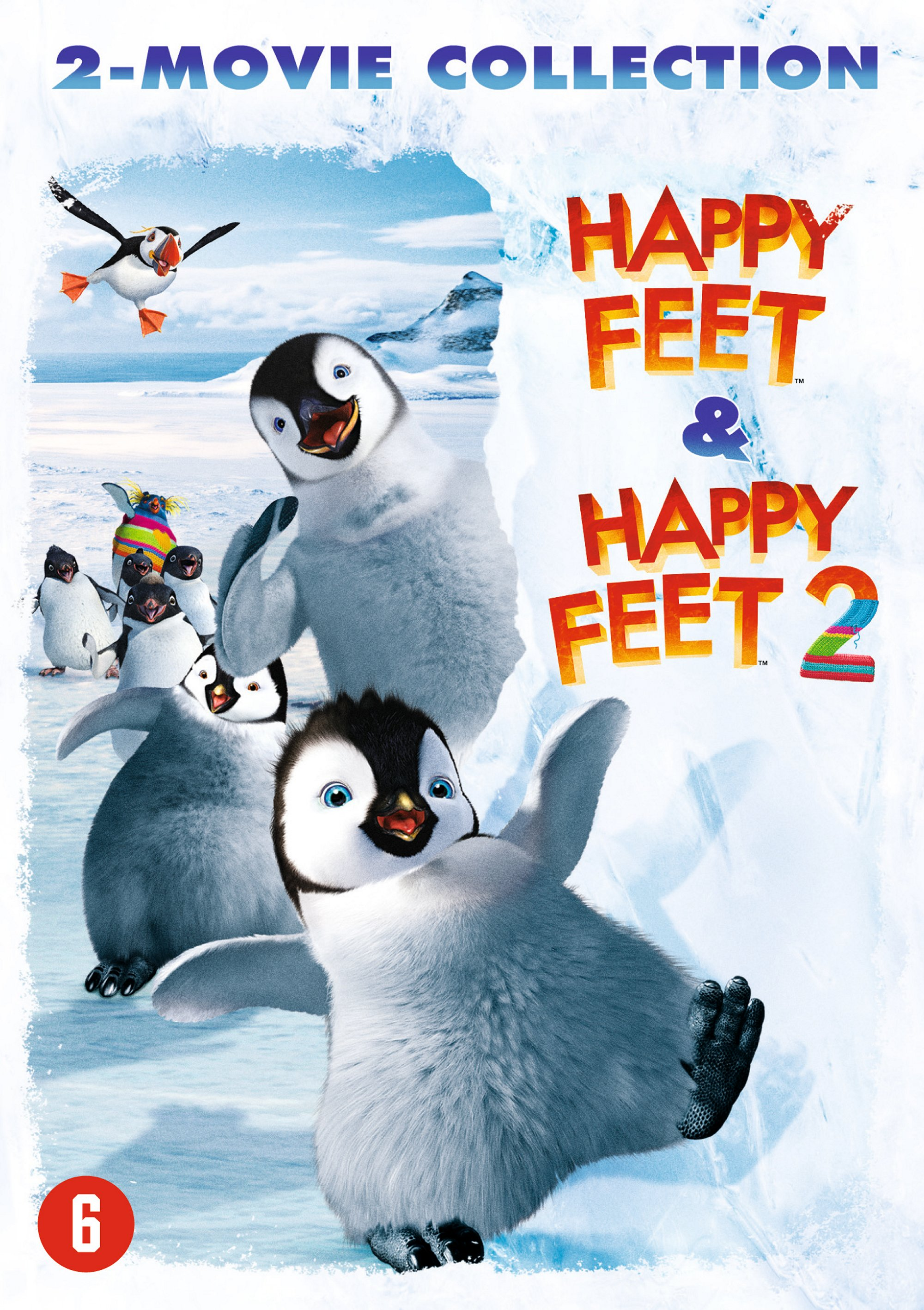 Couverture DVD pour 'Happy Feet & Happy Feet 2', pingouins sur glace, avec couleurs bleues et blanches.