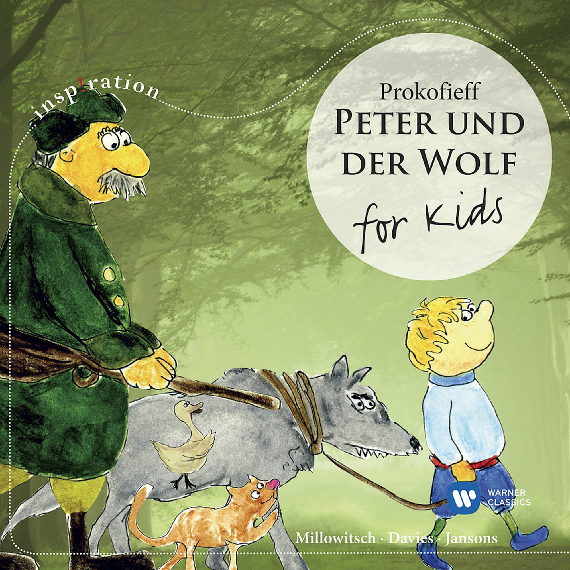 Illustration für das Buch „Peter und der Wolf“. Zeigt einen Jungen, Wolf, Katze, Ente und einen alten Mann.
