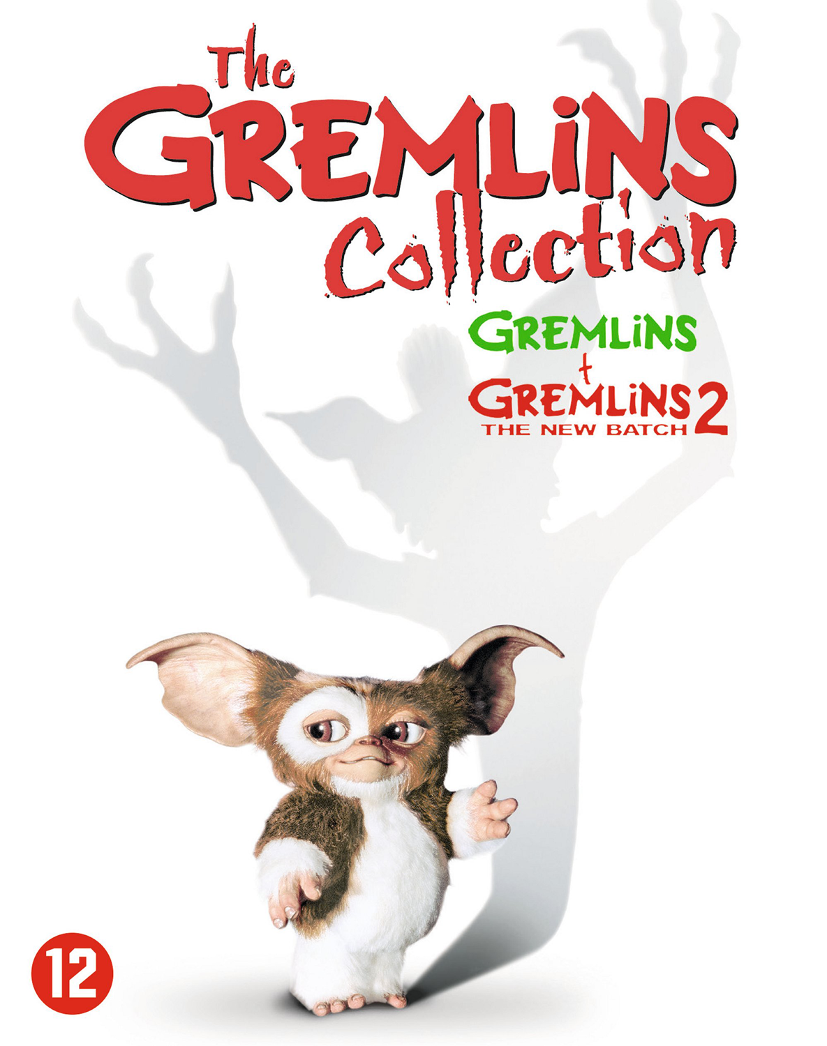 Couverture de la collection de films Gremlins, avec un gremlin, ombre et texte.