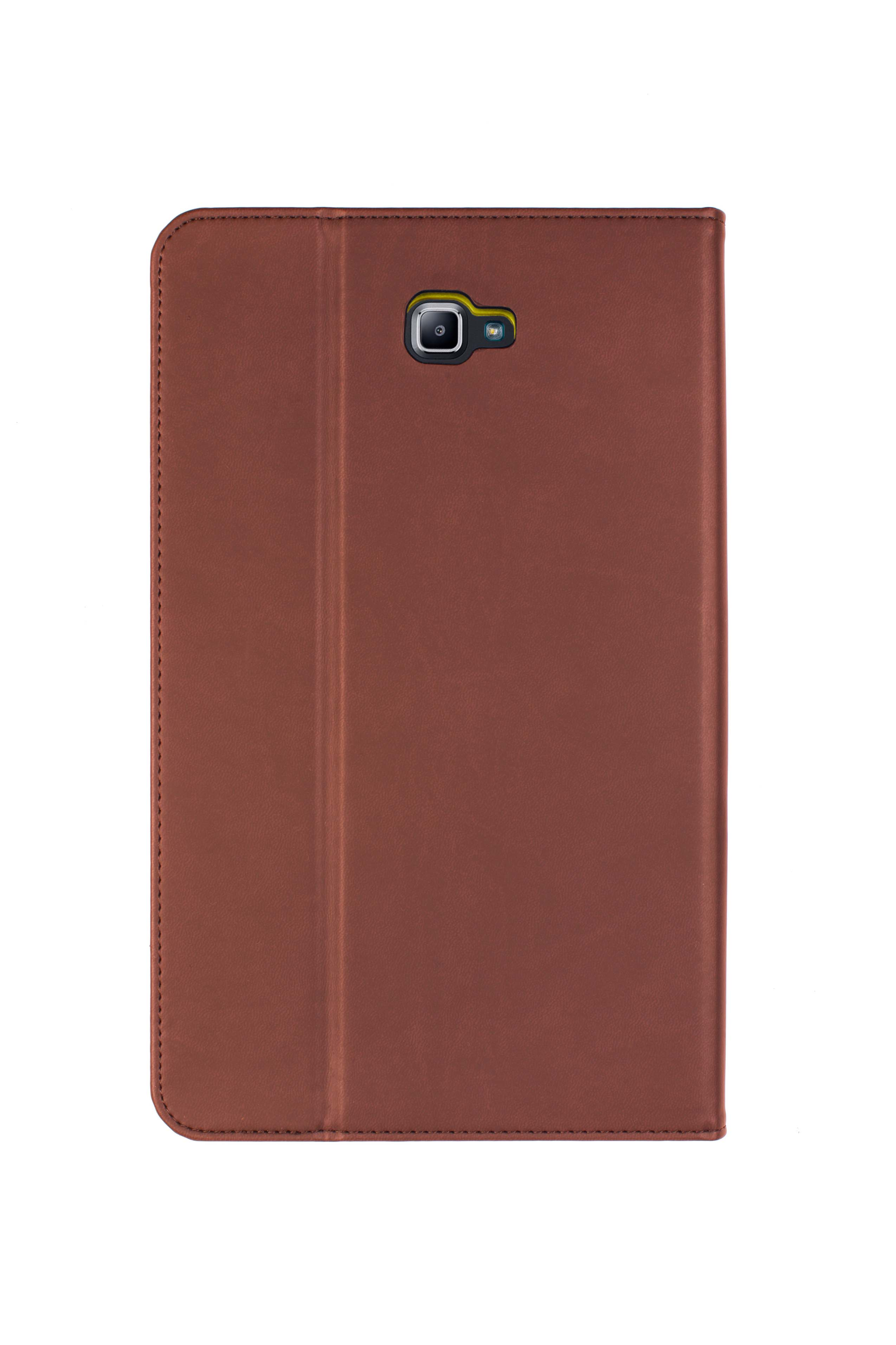 Brown leather-like tablet case, closed and lying on a white surface. Camera lens visible.