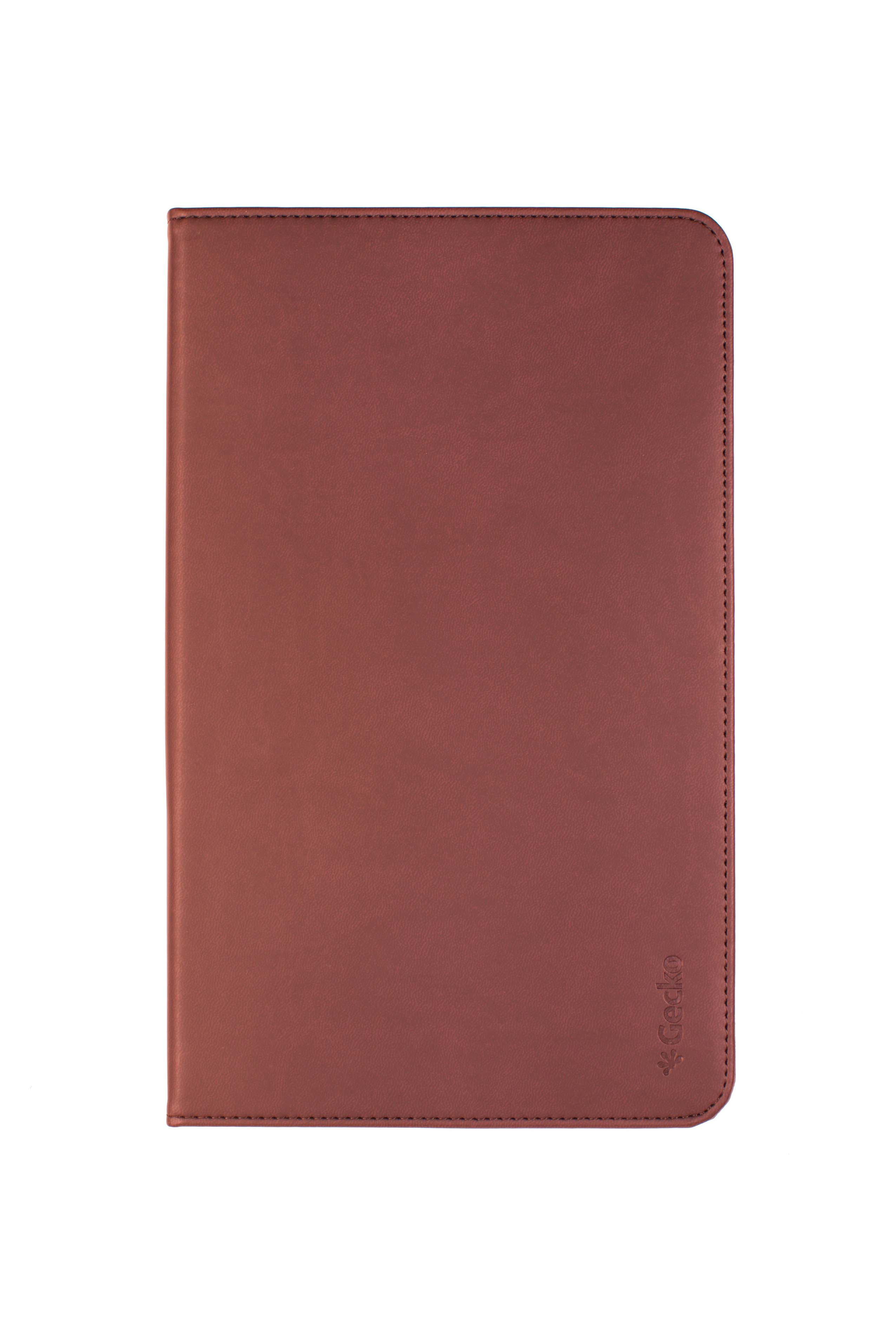 A brown leather tablet case with a stitched border and the Gecko logo in the bottom right.