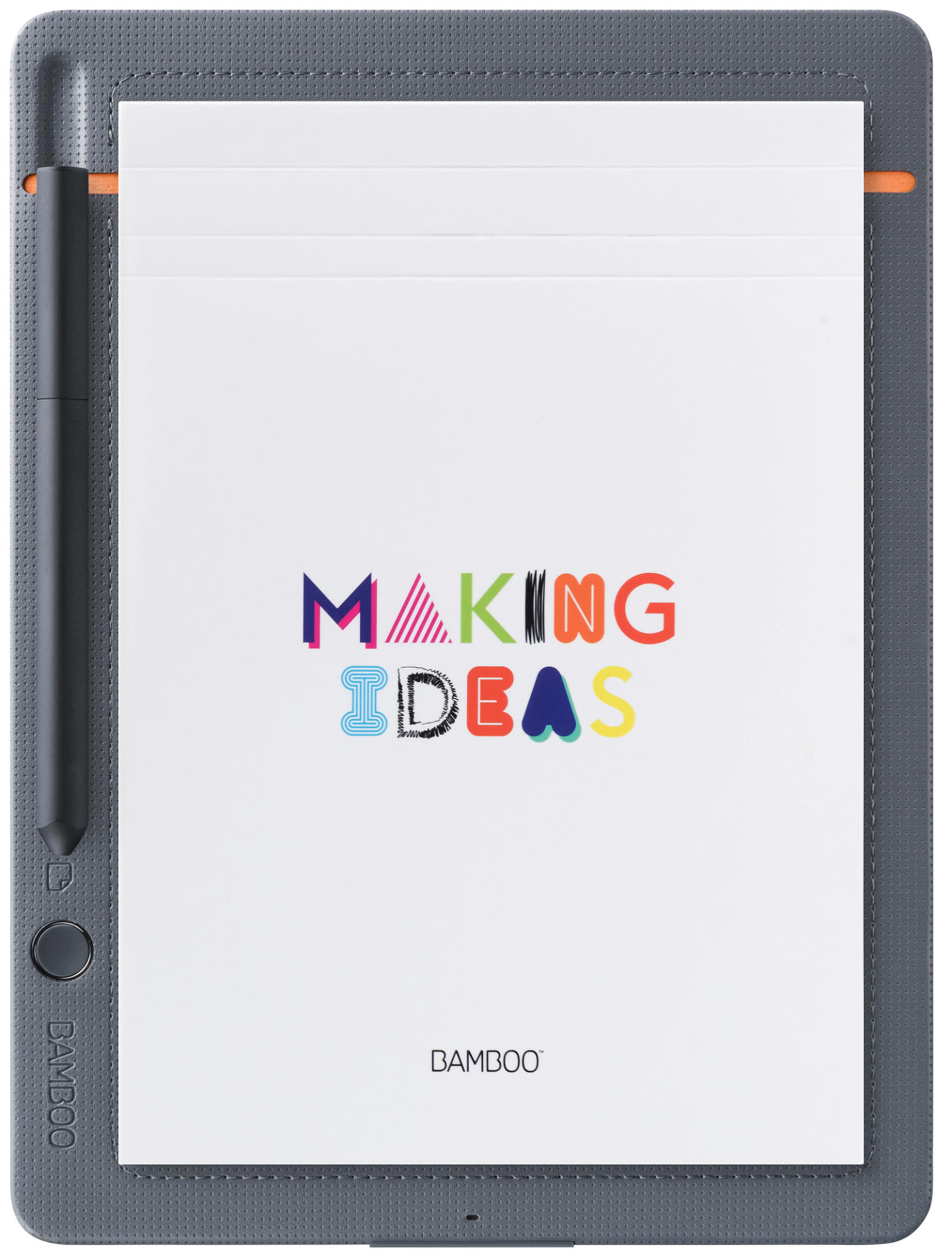 Een tablet met de woorden "MAKING IDEAS" erop. De tablet is grijs met een stylus.