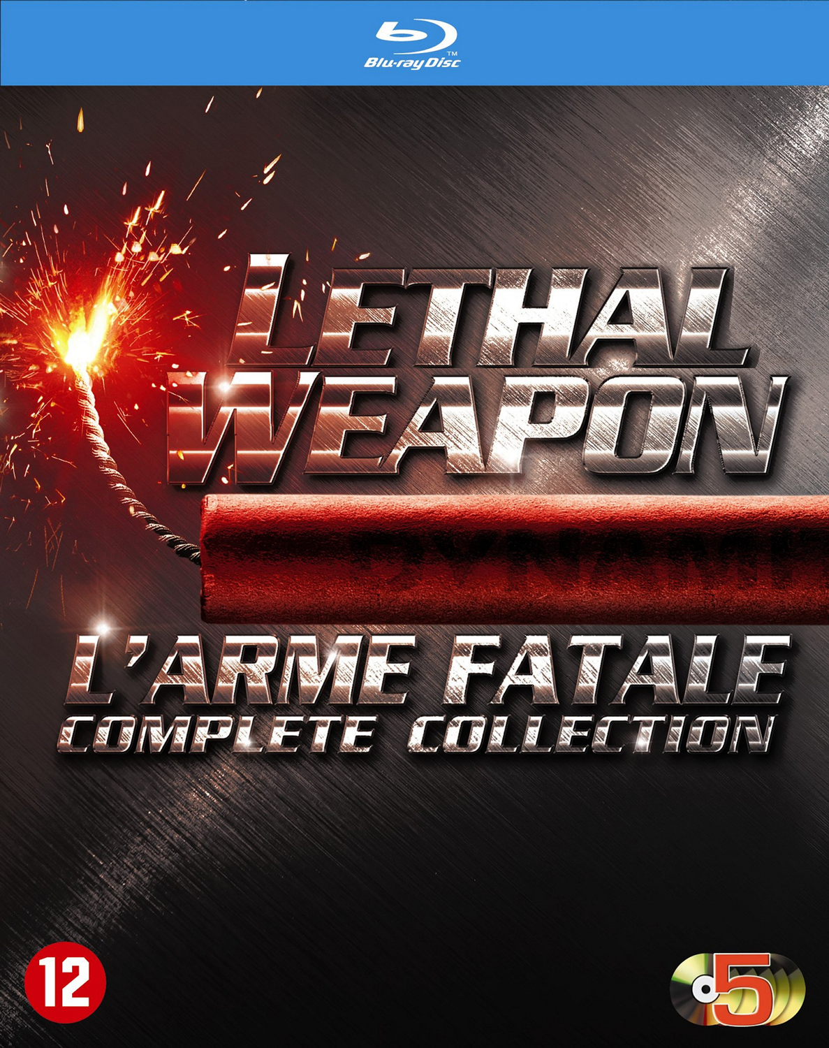 Blu-ray cover of "Lethal Weapon: Complete Collection" with a lit dynamite and sparks.