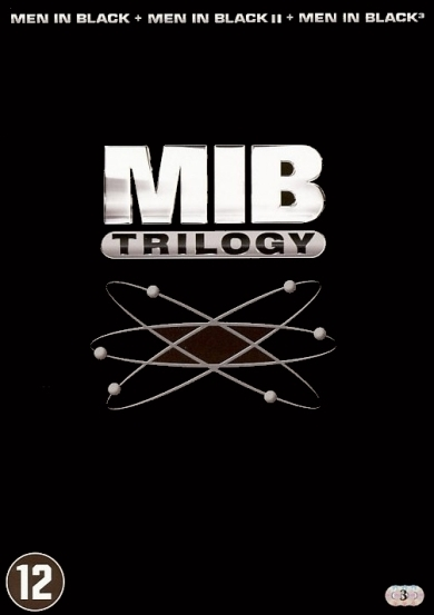 Couverture du DVD 'MIB Trilogy' : Fond noir, logo argenté 'MIB' avec graphique d'atome, classification 12.