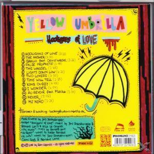 Rückseite einer CD mit gelbem Hintergrund, einer Zeichnung eines Regenschirms und Informationen zur Titelliste.