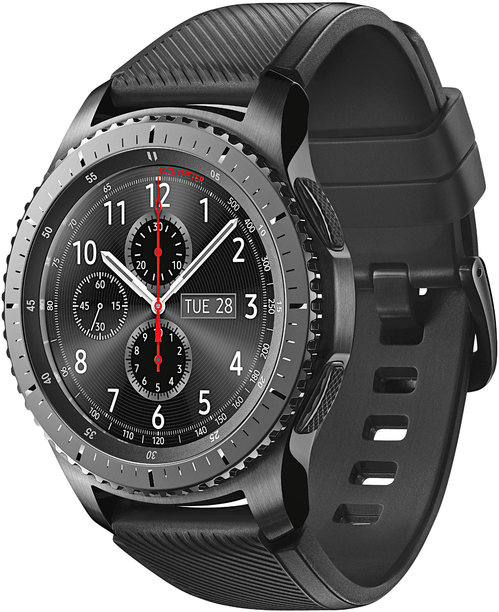 Primer plano de un reloj inteligente negro. Tiene una esfera redonda, un bisel giratorio y una correa negra.