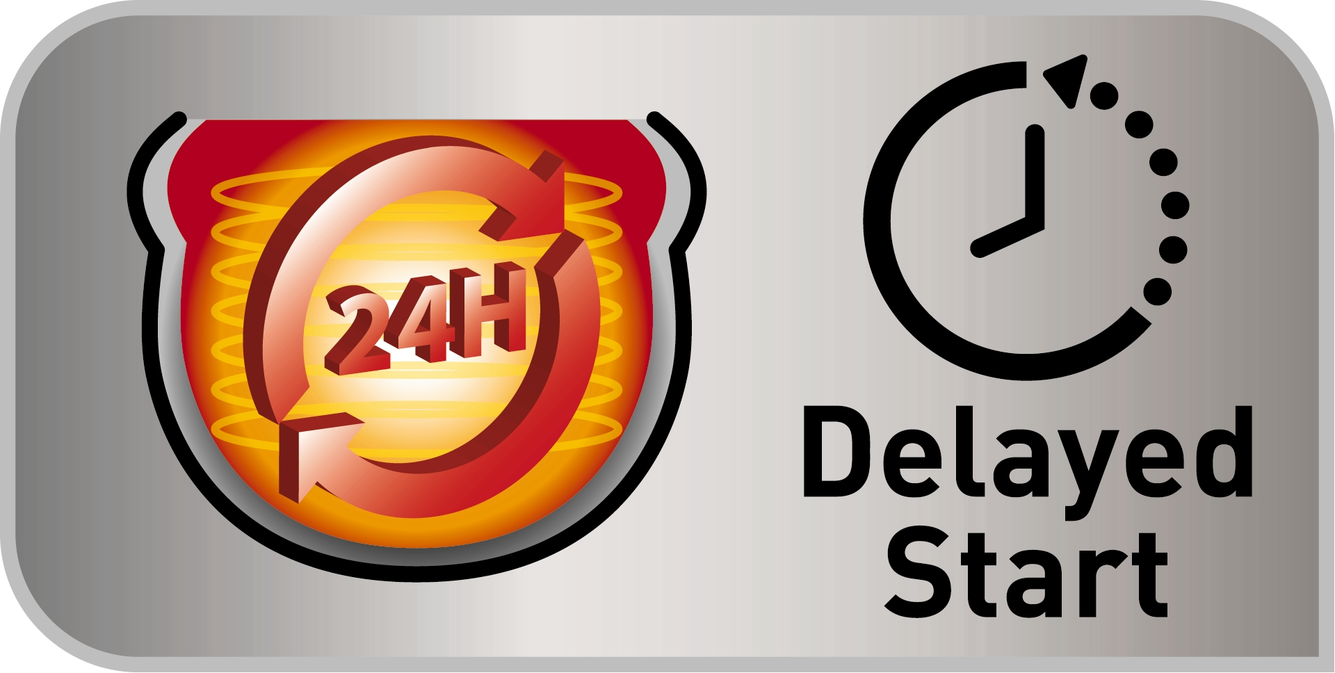 Een logo met een pijl rond het nummer 24. Een klok rechts en de woorden Uitgestelde Start.