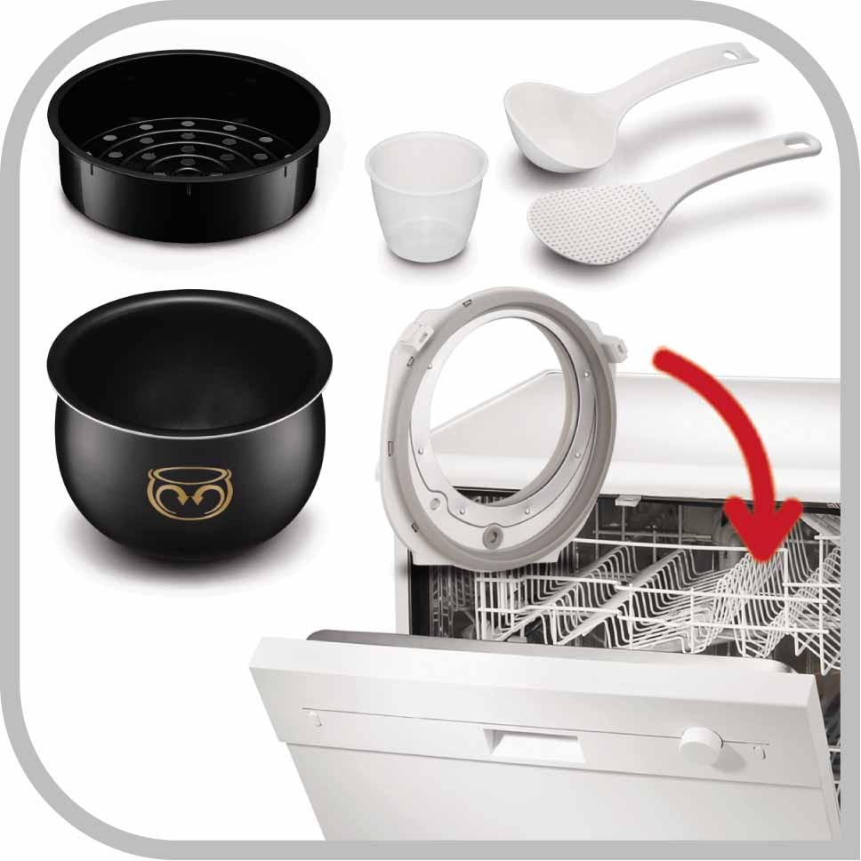 Een witte vaatwasser met accessoires. Er is een zwarte pot, een beker en twee witte lepels.