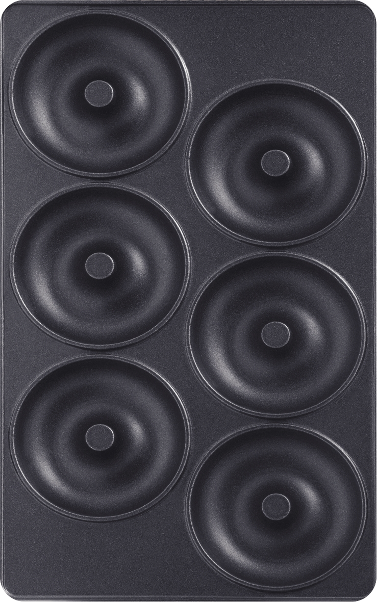A black donut pan with 6 donut molds. The pan is rectangular with round molds.