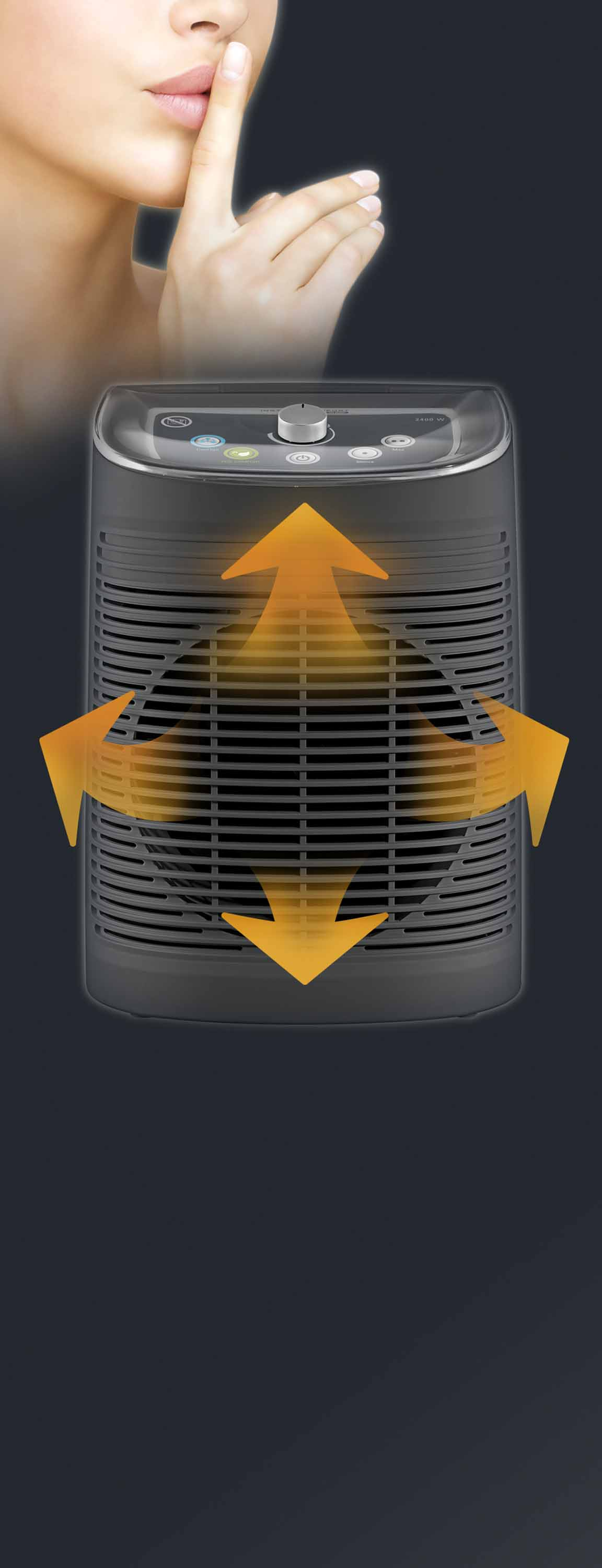 Luchtreiniger met pijlen die luchtstroom aangeven, vinger van persoon op lippen.