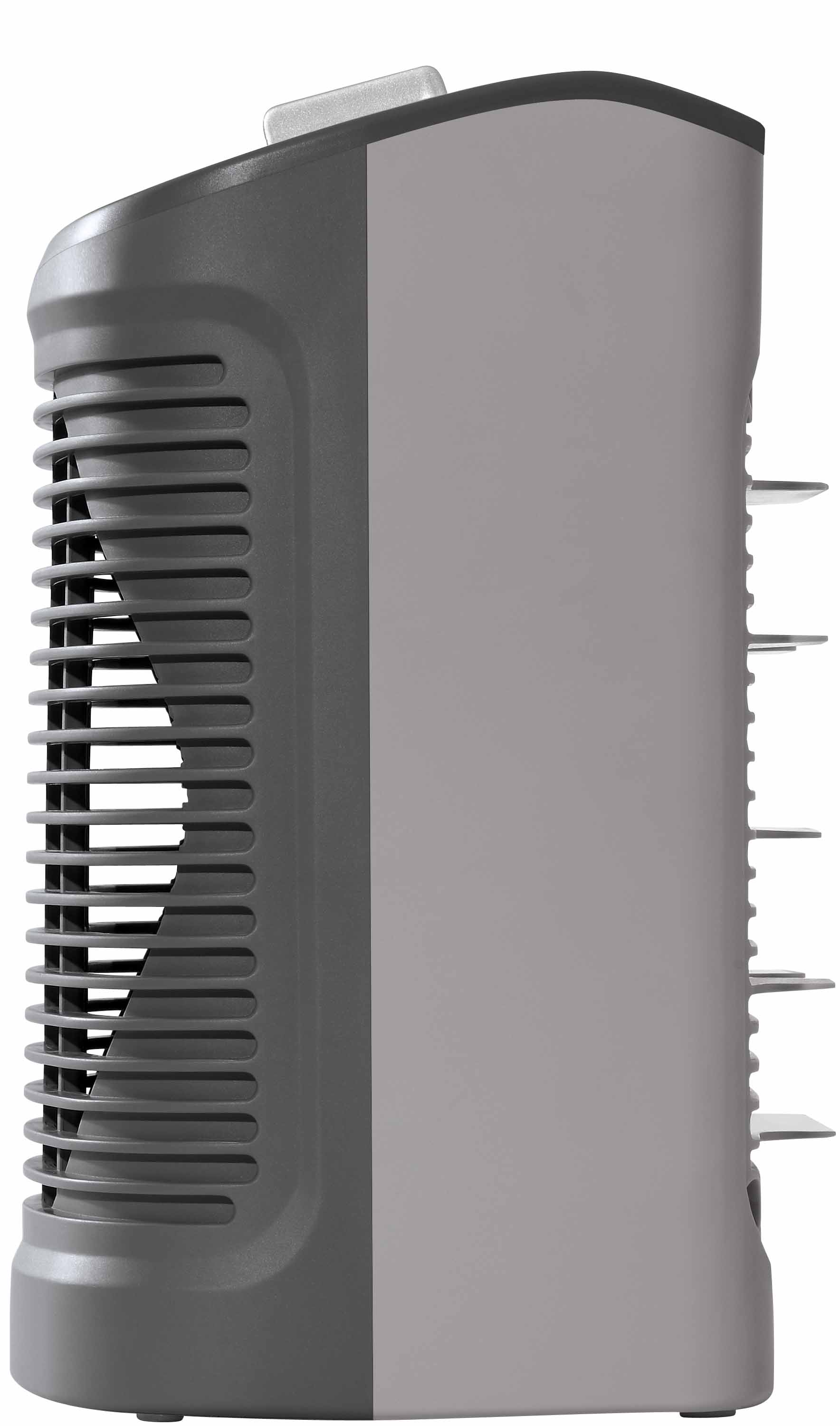 Een grijze en zwarte luchtreiniger, zijaanzicht. Het heeft een sleufontwerp en een bedieningspaneel.