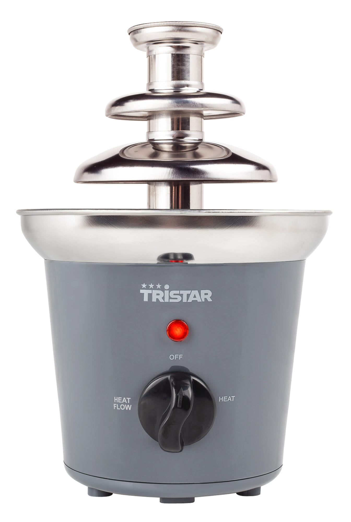 Una fontana di cioccolato grigia con la parte superiore argentata. Una luce rossa è accesa. La base dice Tristar.