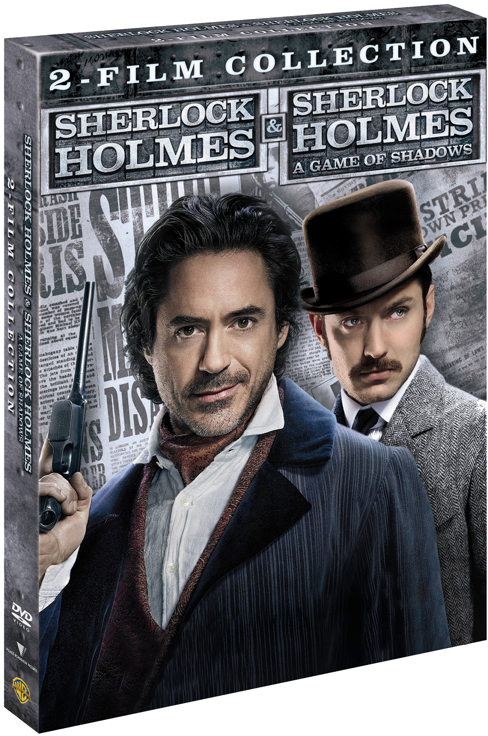 DVD-hoes: Sherlock Holmes-filmcollectie. Robert Downey Jr. en Jude Law zijn te zien met een pistool.
