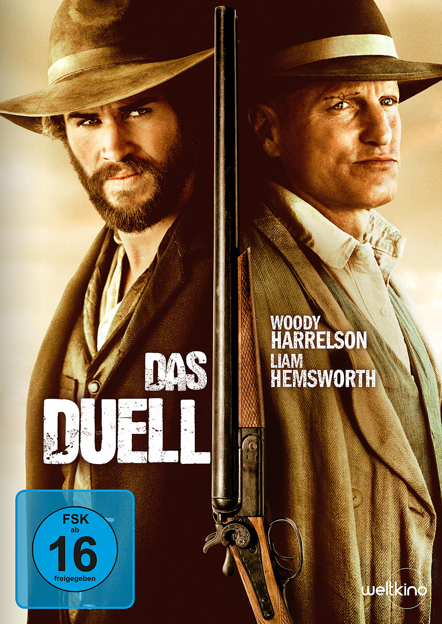 Filmposter für 'Das Duell'. Zwei Männer mit Waffen stehen sich gegenüber, Western-Setting.