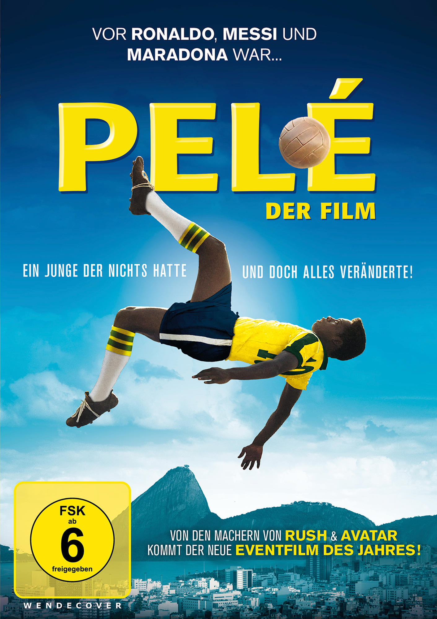 DVD-Cover von Pelé: Der Film mit Pelé in einer Fußballpose. Der Hintergrund ist ein gelber und blauer Himmel.