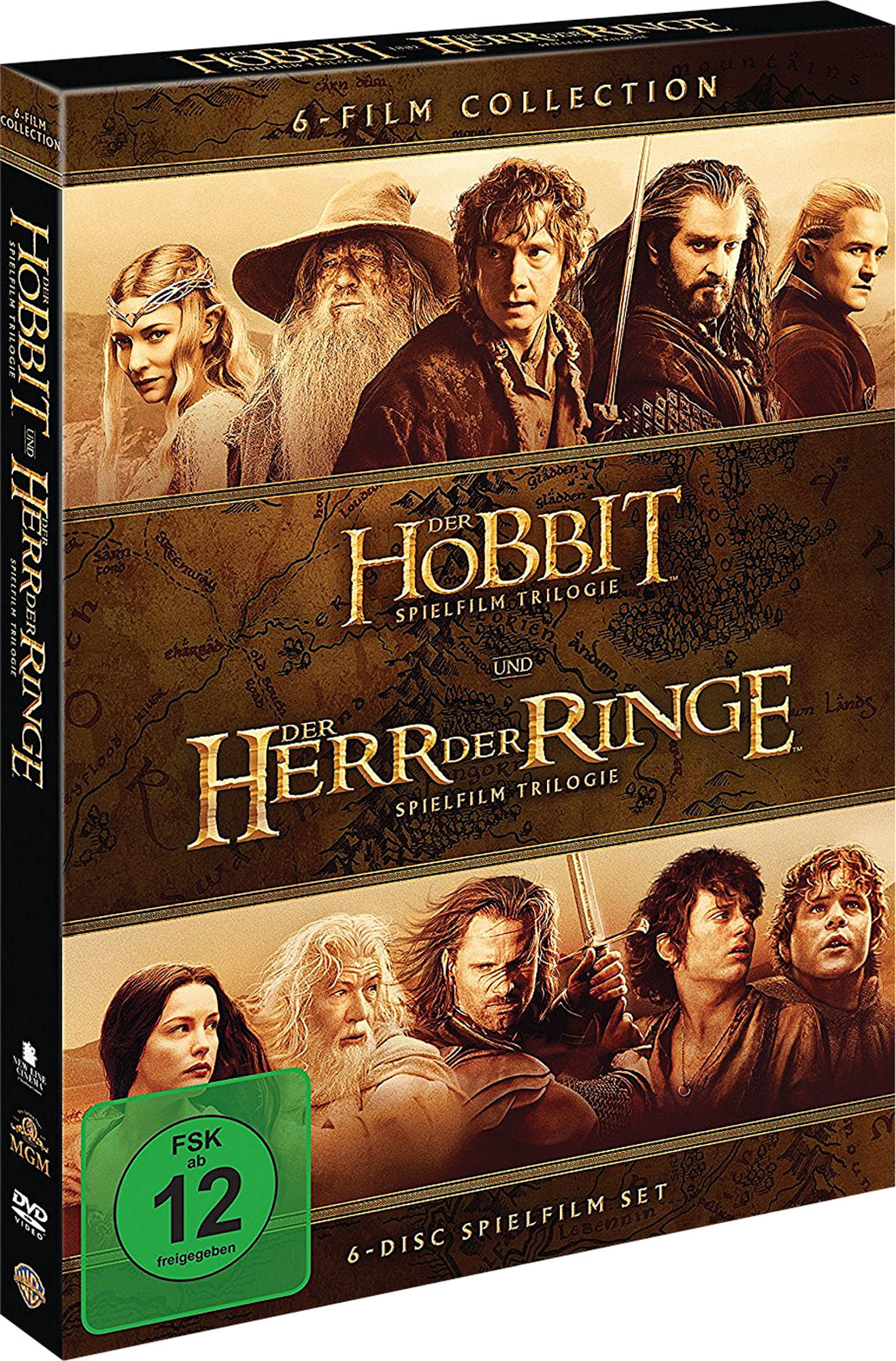 DVD-Box-Set der 'Hobbit'- und 'Herr der Ringe'-Trilogien. Enthält Bilder von Charakteren aus den Filmen.