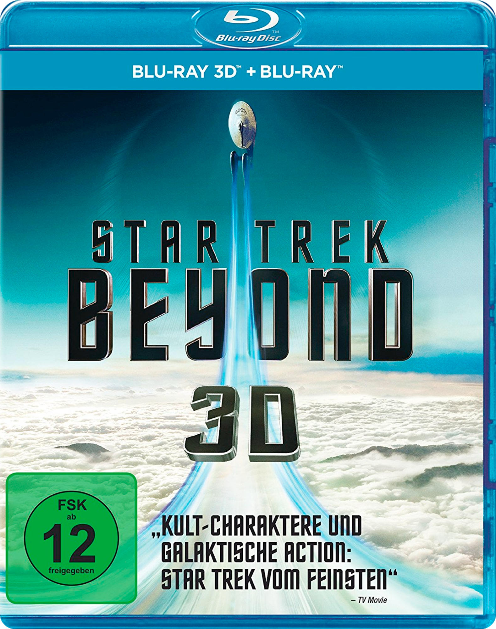 Blu-ray-Box mit dem Titel 'Star Trek Beyond 3D'. Blaue und weiße Farben. Sci-Fi-Thema.