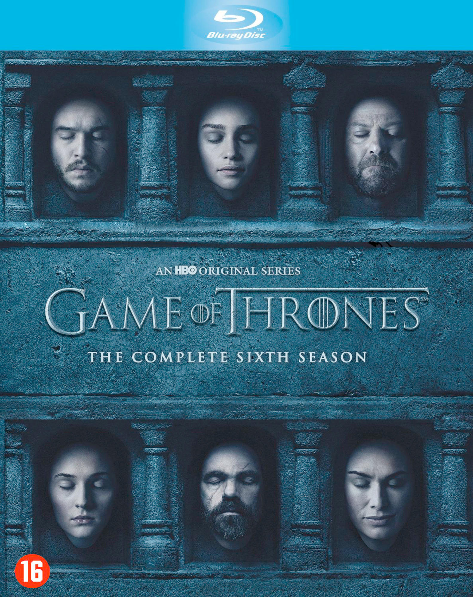 Blu-ray cover of 'Game of Thrones: The Complete Sixth Season', featuring faces in a stone wall.