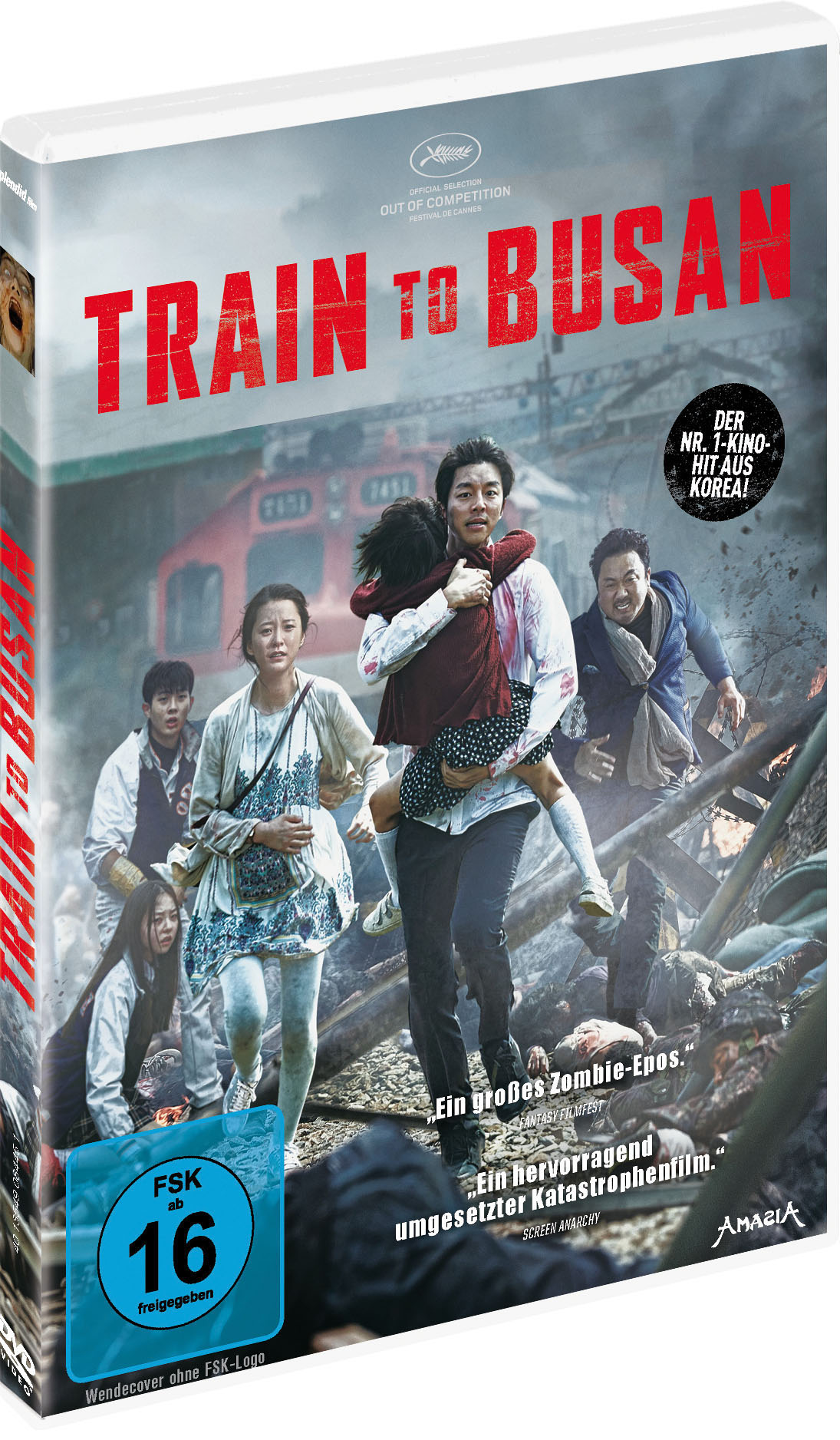 DVD-Cover von Train to Busan. Menschen fliehen vor Zombies. Roter Zug im Hintergrund. Der Titel ist rot.