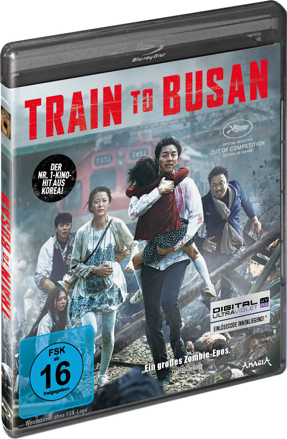 Blu-ray-Hülle: Train to Busan Filmplakat mit Mann, der Kind hält, Menschen im Hintergrund.