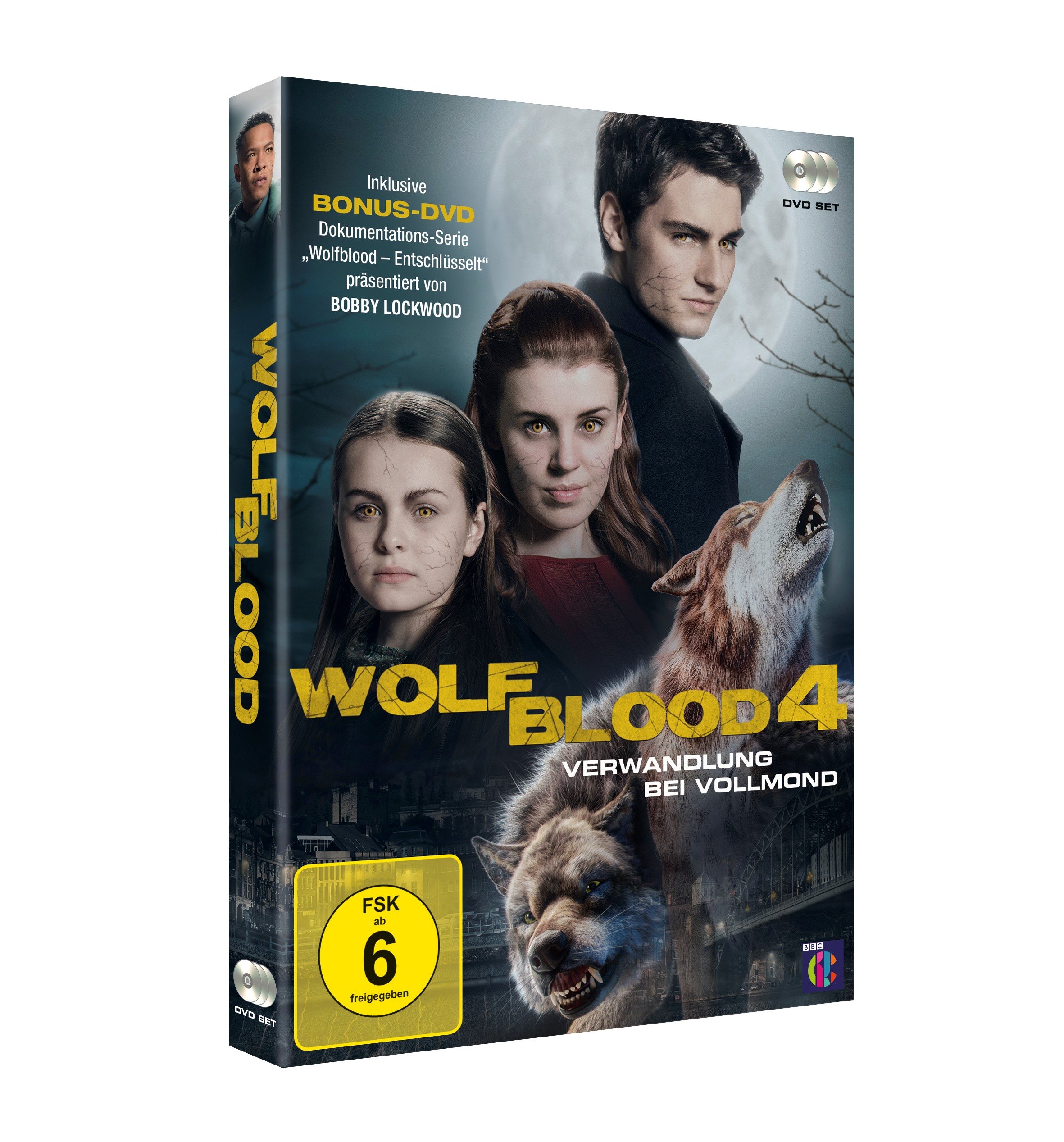 DVD-Cover mit drei Personen und einem Wolf. Titel: Wolfblood 4.
