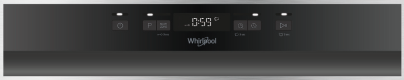 Dishwasher control panel with buttons and a digital display showing time and Whirlpool logo.