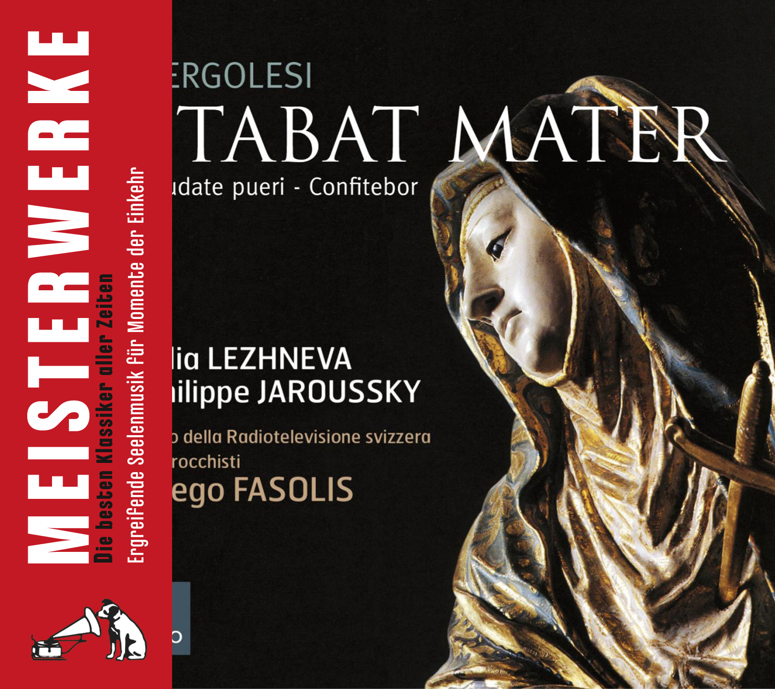 Albumcover für Tabat Mater, mit einer goldenen Statue und Text auf Italienisch.