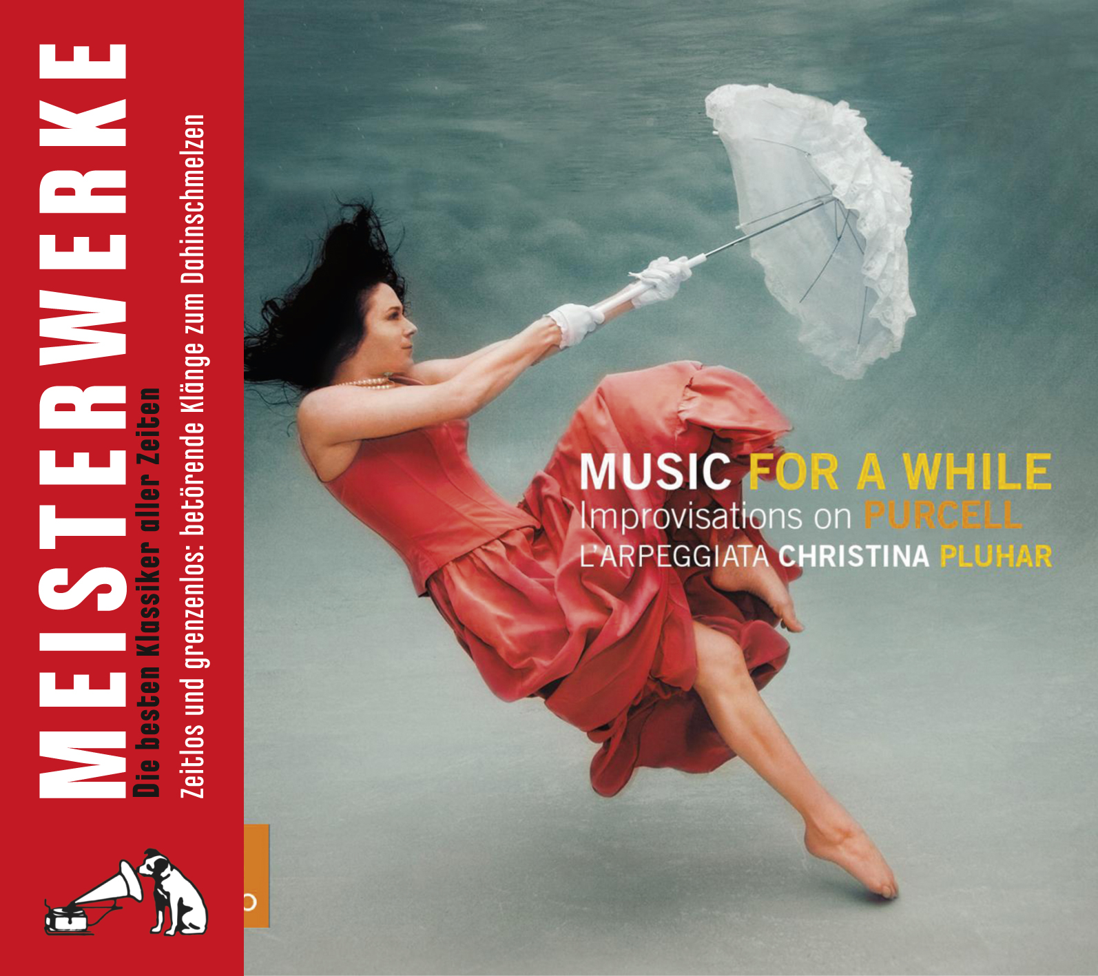 Albumcover mit Frau in rotem Kleid unter Wasser, hält einen Schirm. Titel: Music for a While.