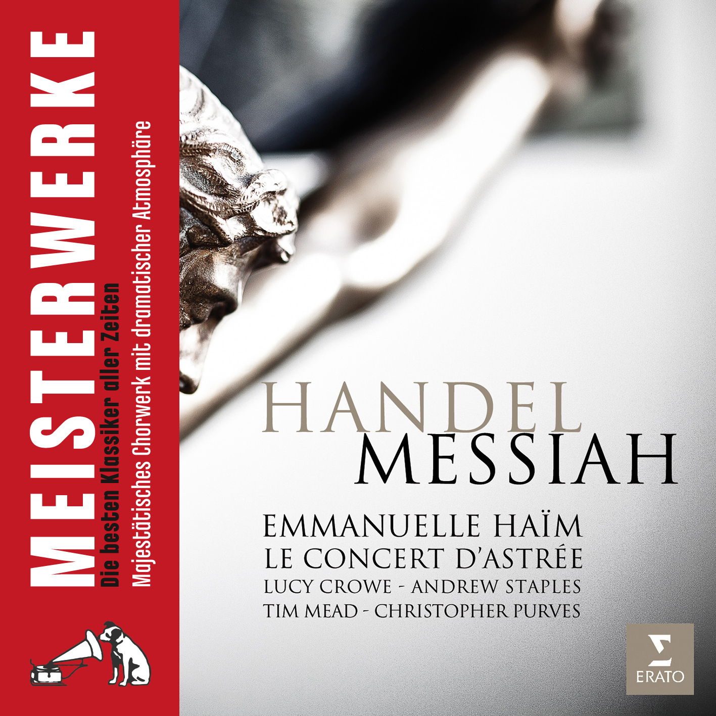 Albumcover mit Handel Messiah Text, einer Musiknote und Text auf weißem Hintergrund.