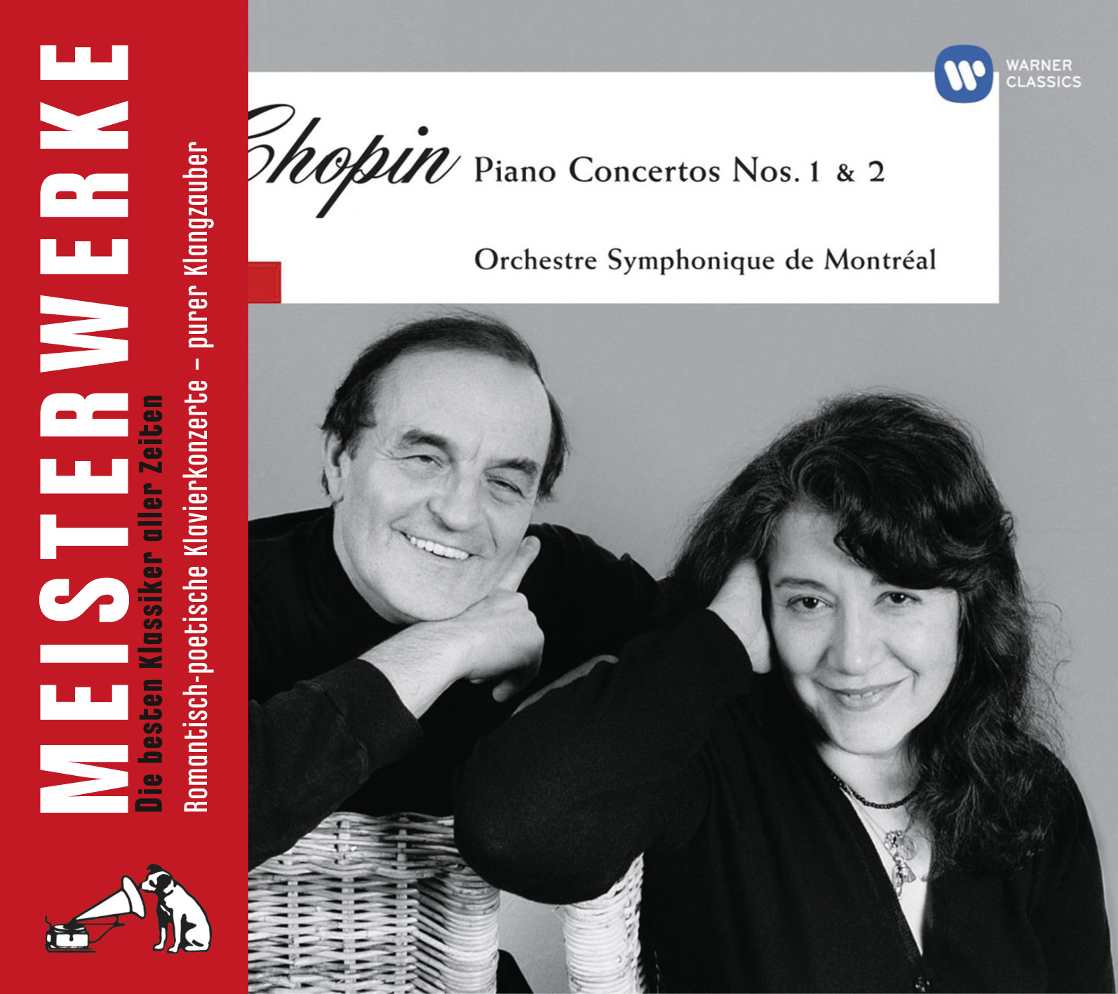 Albumcover mit zwei Personen, Text 'Meisterwerke Chopin' und einem Hund mit Grammophon.