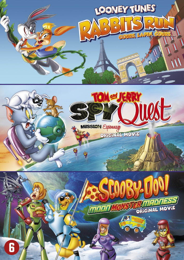 Couvertures de films avec des personnages de dessins animés comme Bugs Bunny, Tom et Jerry et Scooby-Doo.