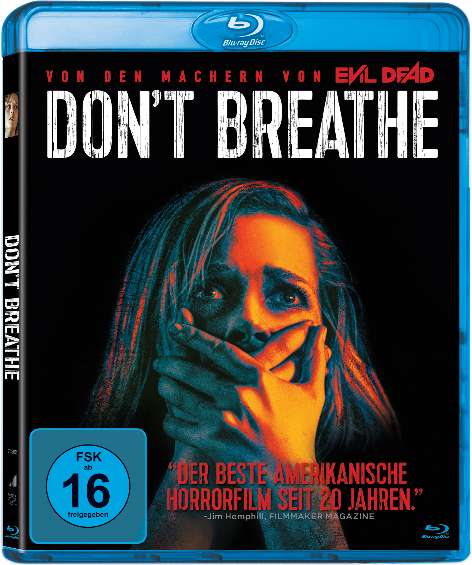 Don't Breathe Blu-ray Cover. Hände einer Frau verdecken ihren Mund. Dunkler Hintergrund. Deutscher Text.