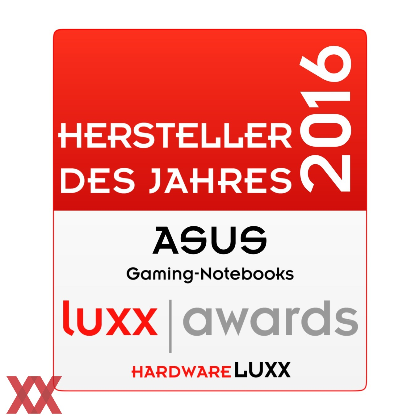 Rotes Quadrat mit 'Hersteller des Jahres 2016', ASUS-Logo und 'Hardware Luxx'-Text.