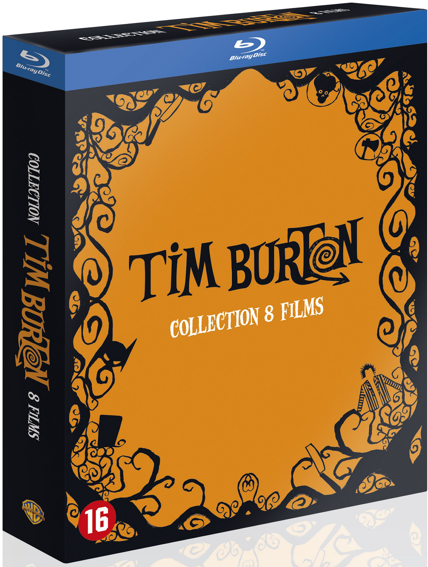Coffret DVD de la collection Tim Burton avec 8 films, dans des tons noirs et oranges.