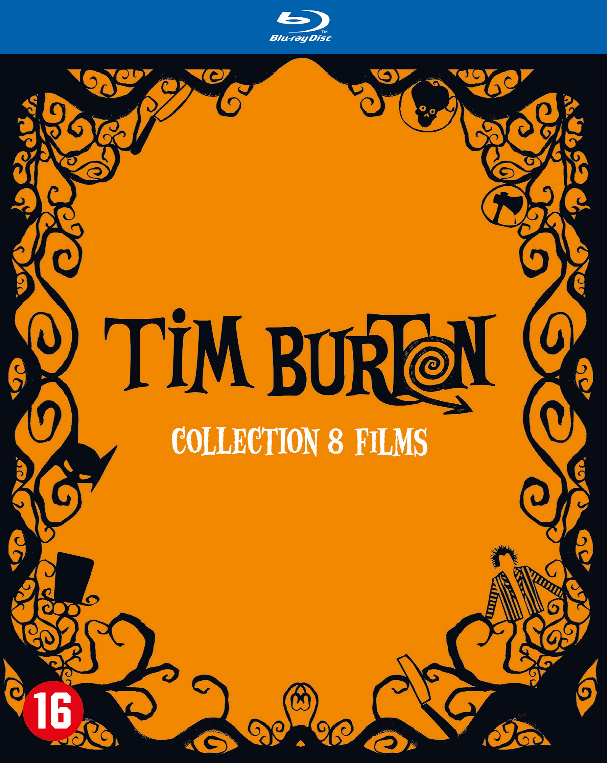 Couverture de la collection de films Tim Burton. Fond orange, cadre noir et titre.