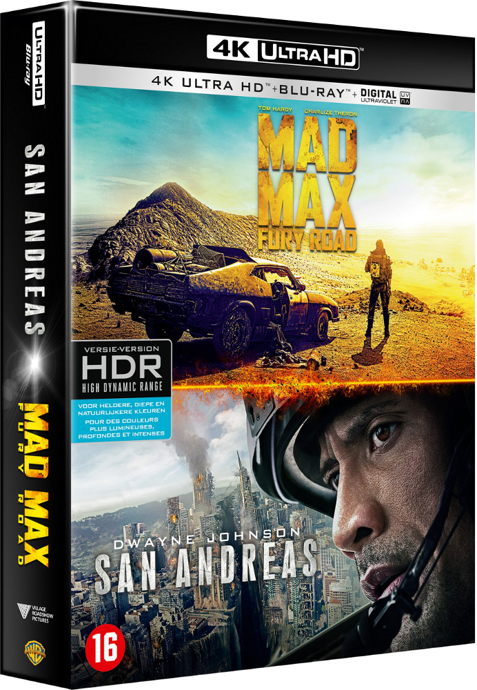 Boîtier DVD pour Mad Max: Fury Road. Avec voiture, scène de désert et le visage de Dwayne Johnson.