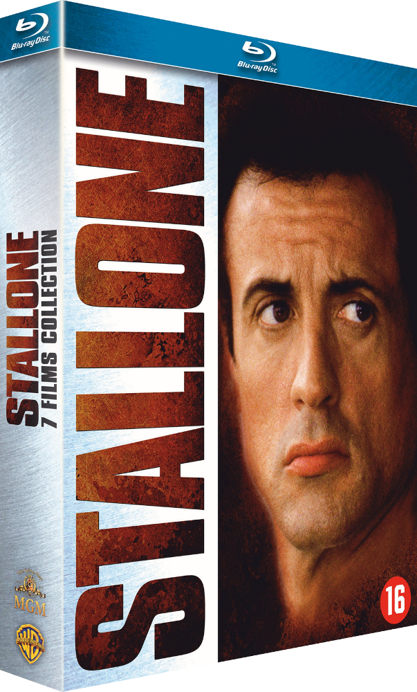 Coffret Blu-ray pour 'Stallone 7 Films Collection', avec le portrait de Sylvester Stallone.