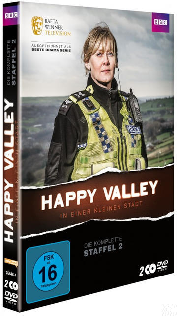 DVD-Cover für 'Happy Valley', Staffel 2, mit einer Frau in Polizeiuniform.
