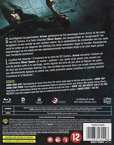 Dos d'un boîtier DVD avec du texte sur la série télévisée "Arrow", avec des images et du texte en plusieurs langues.