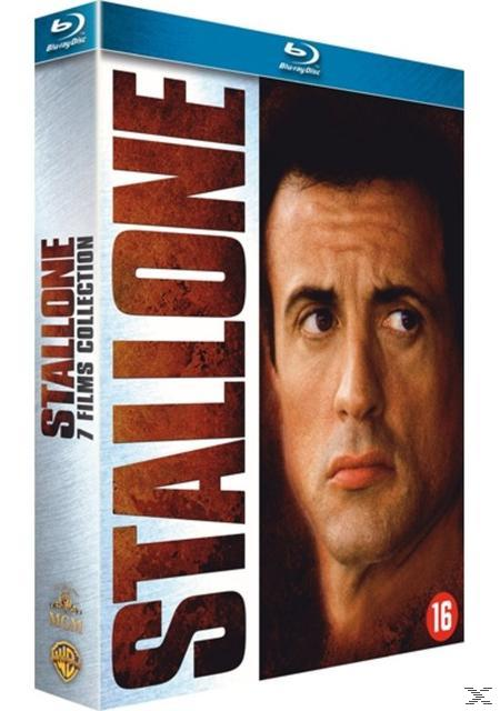 Coffret Blu-ray des films de Stallone. La couverture présente le visage de Stallone et le titre 'Stallone 7 Films Collection'.