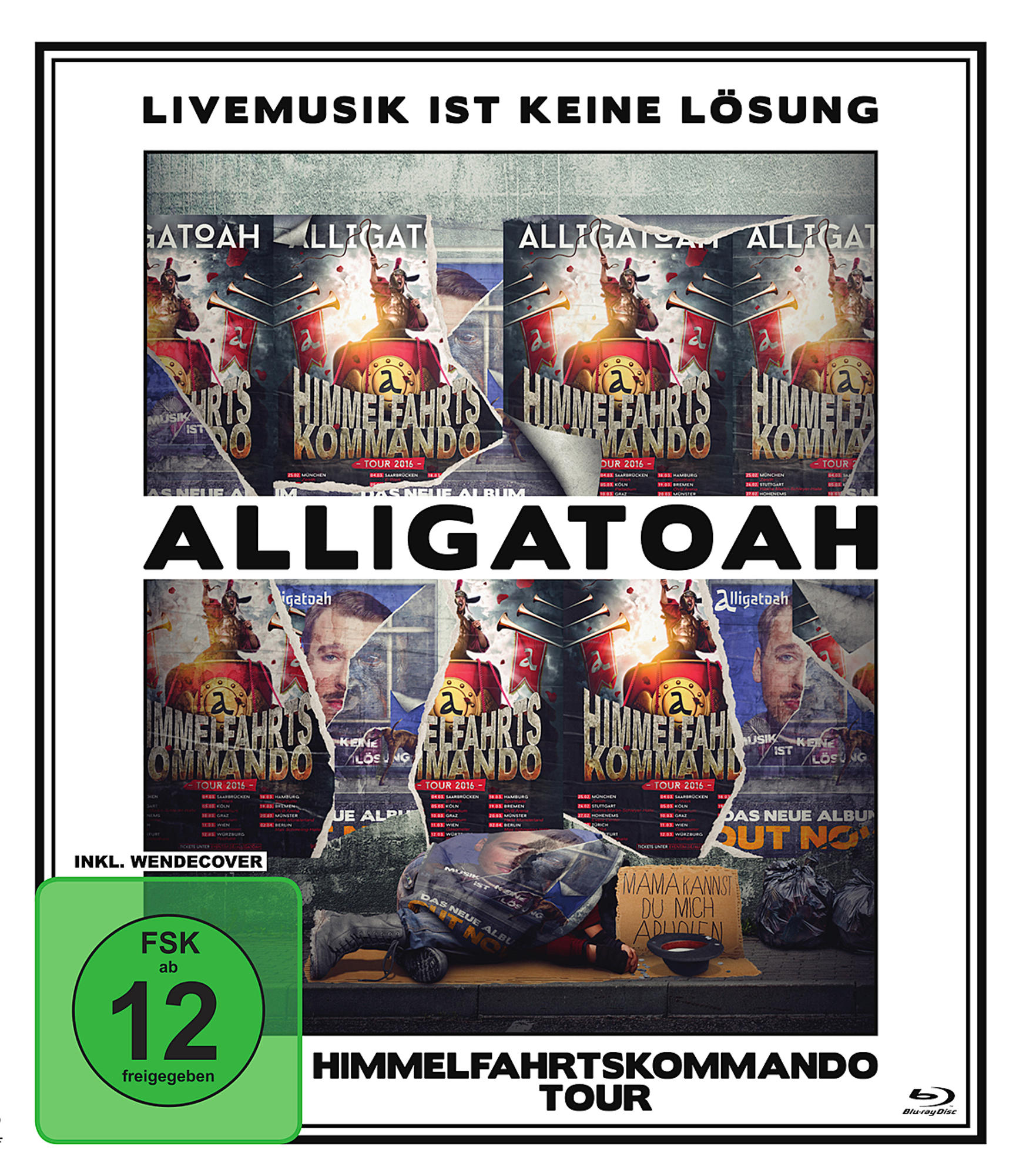 DVD-Cover mit den Titeln 'Alligatoah' und 'Himmelfahrtskommando'. Das Cover zeigt Poster und einen Obdachlosen.