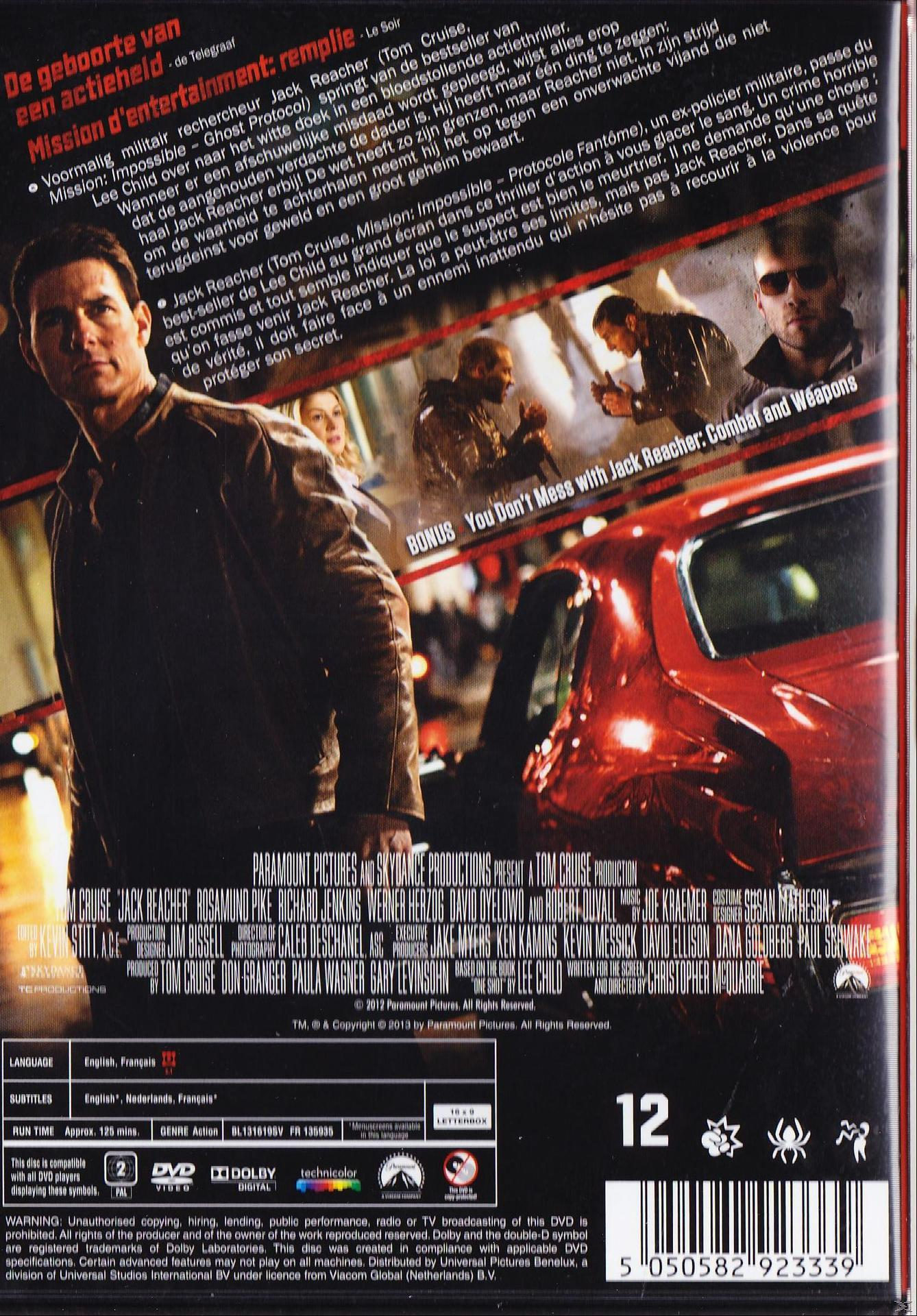 Boîtier DVD pour 'Jack Reacher' avec Tom Cruise, scènes d'action et détails du film au dos.