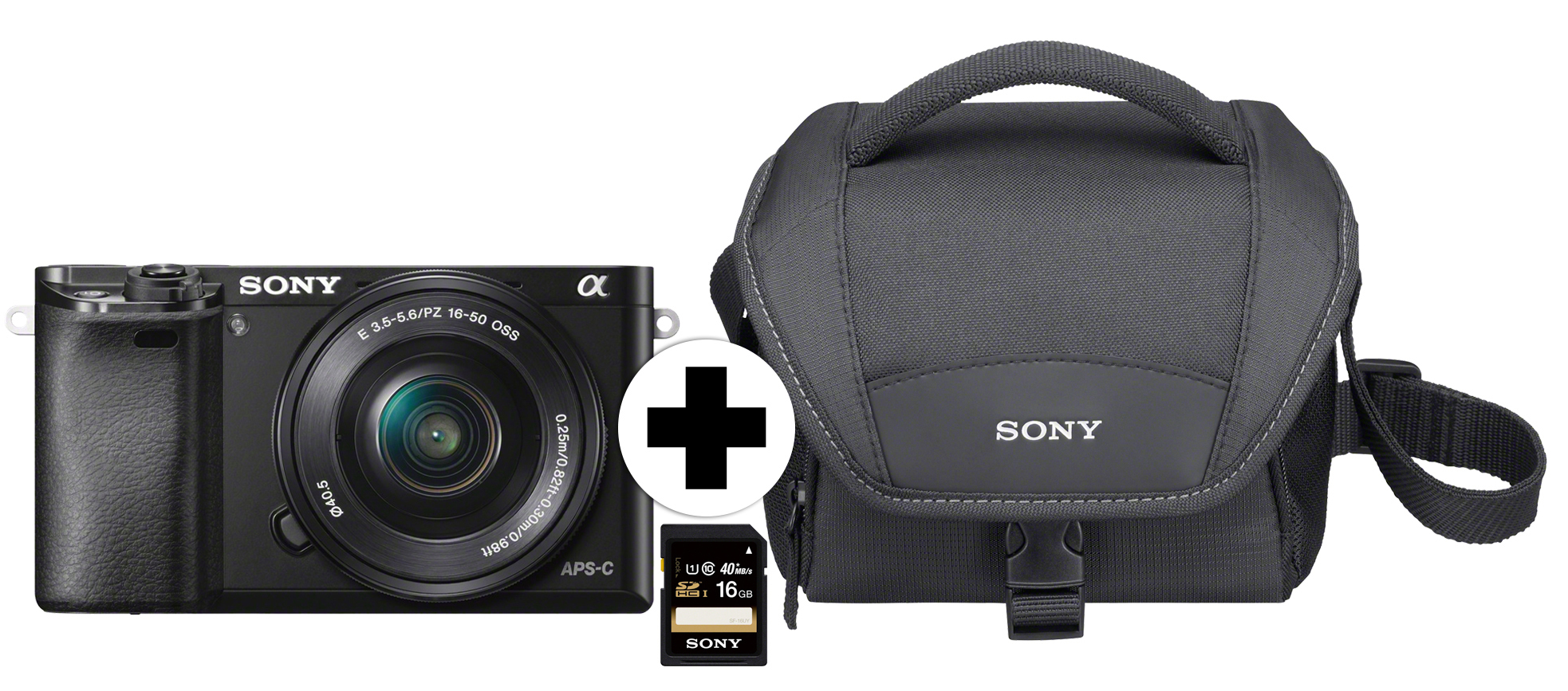 SONY Alpha 6000 KIT (ILCE-6000L) + Tasche + Speicherkarte Systemkamera mit Objektiv 16-50 mm, 7,6 cm Display, WLAN