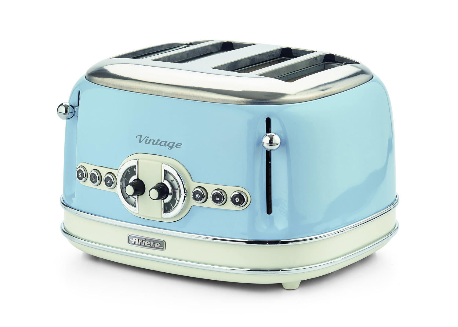 Blau-weißer Vintage-Toaster. Chromakzente, Knöpfe und ein cremefarbener Sockel. Weißer Hintergrund.