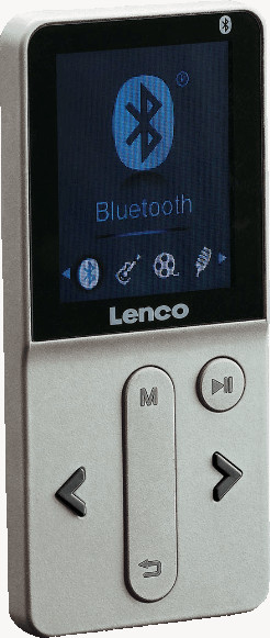 Silver Lenco MP3 player with screen showing Bluetooth icon.